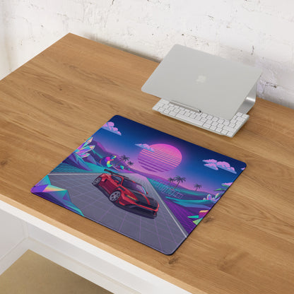 Ford Mustang GTD Inspired Red Vaporwave Gaming Mouse Pad – Neon Pink Blue Crystal Highway Desk Mat with Retro Futuristic Palm Trees and Synthwave Art