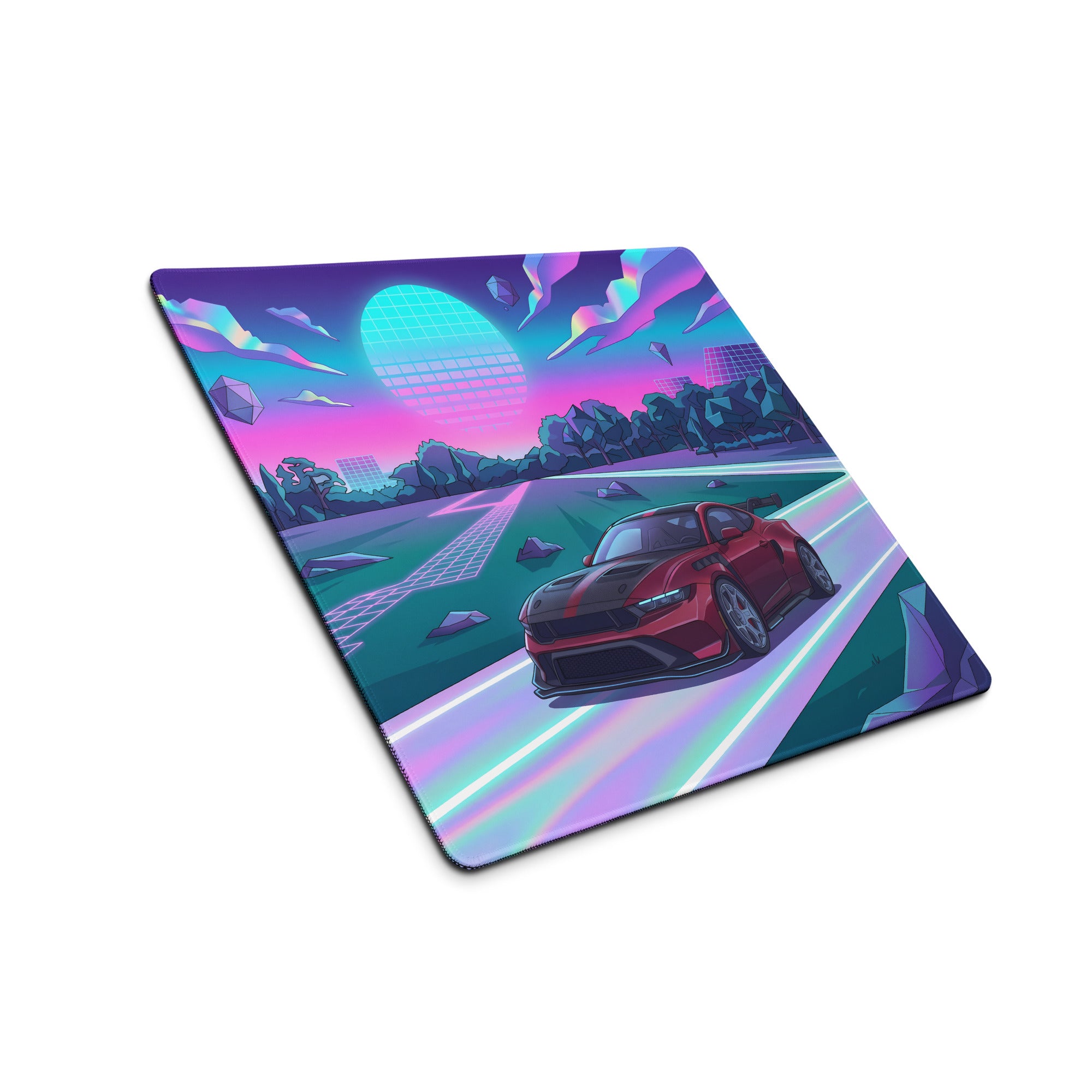 Ford Mustang GTD Inspired Red Vaporwave Gaming Mouse Pad – Neon Pink Cyan Highway Desk Mat with Retro Futuristic Grid Sun and Geometric Landscape Art