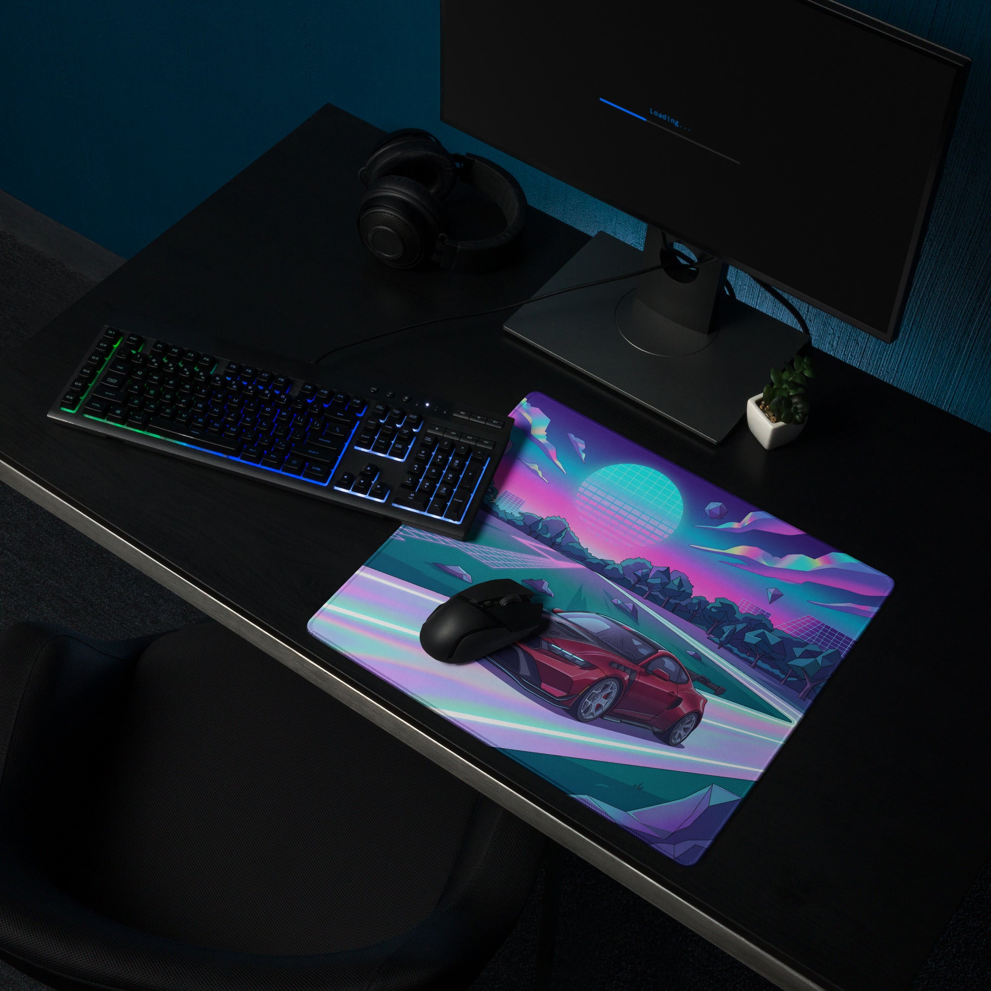 Ford Mustang GTD Inspired Red Vaporwave Gaming Mouse Pad – Neon Pink Cyan Highway Desk Mat with Retro Futuristic Grid Sun and Geometric Landscape Art