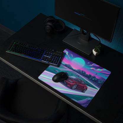 Ford Mustang GTD Inspired Red Vaporwave Gaming Mouse Pad – Neon Pink Cyan Highway Desk Mat with Retro Futuristic Grid Sun and Geometric Landscape Art