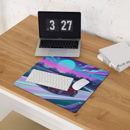 Ford Mustang GTD Inspired Red Vaporwave Gaming Mouse Pad – Neon Pink Cyan Highway Desk Mat with Retro Futuristic Grid Sun and Geometric Landscape Art