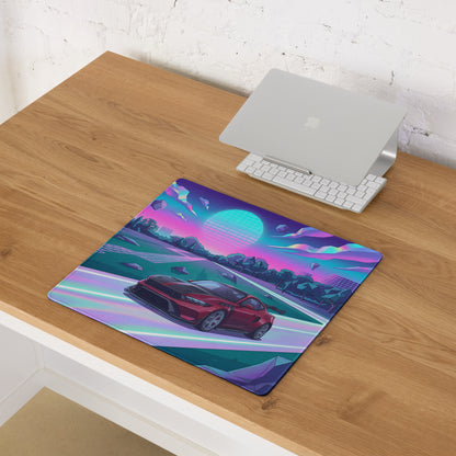 Ford Mustang GTD Inspired Red Vaporwave Gaming Mouse Pad – Neon Pink Cyan Highway Desk Mat with Retro Futuristic Grid Sun and Geometric Landscape Art