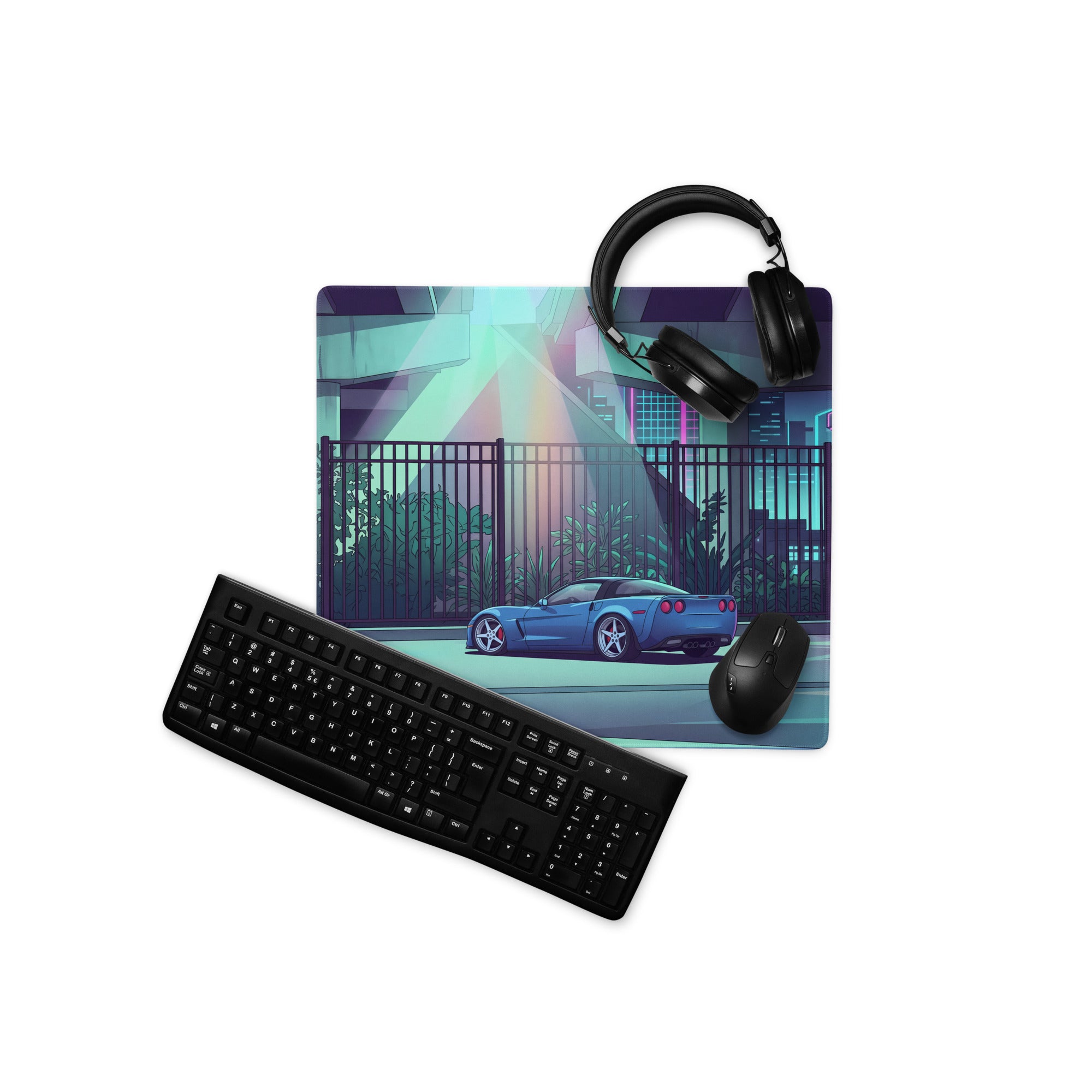 Chevrolet Corvette C6 Z06 Inspired Blue Vaporwave Gaming Mouse Pad – Neon Cyan Urban Overpass Desk Mat with Retro Futuristic City Art