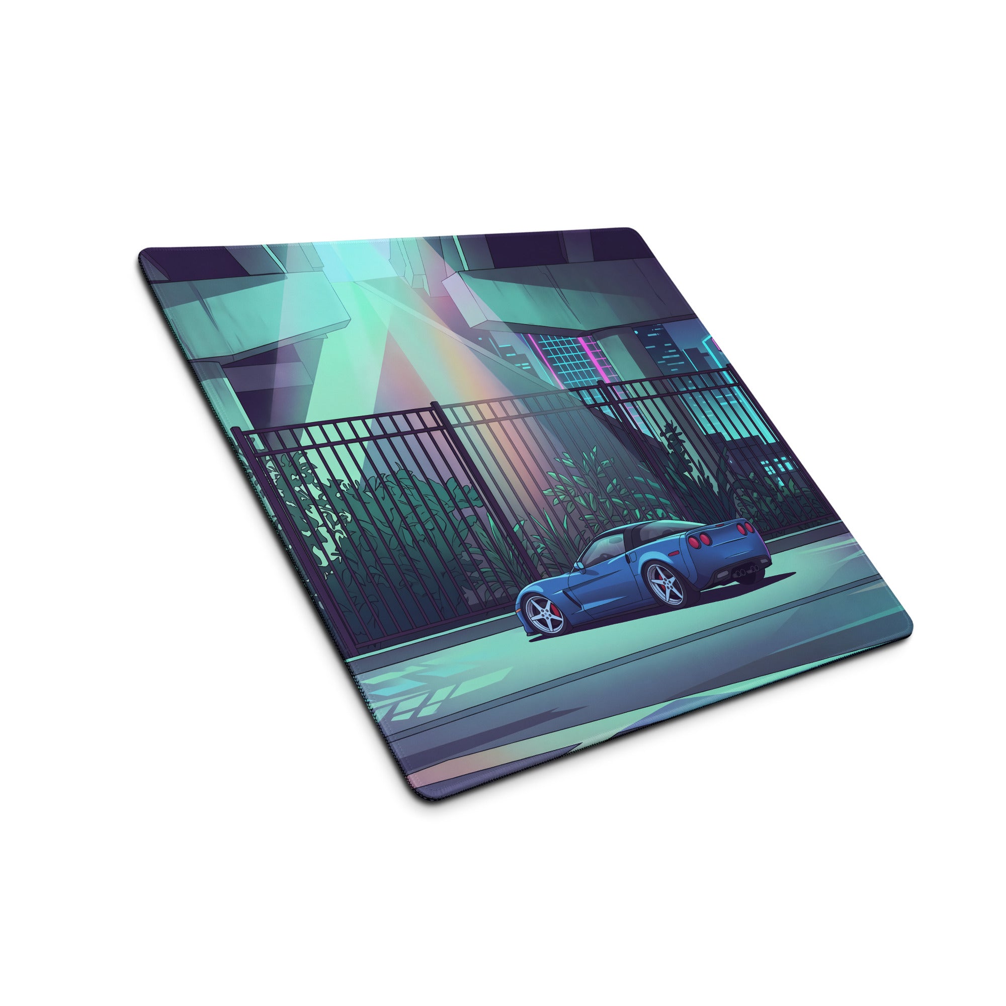 Chevrolet Corvette C6 Z06 Inspired Blue Vaporwave Gaming Mouse Pad – Neon Cyan Urban Overpass Desk Mat with Retro Futuristic City Art
