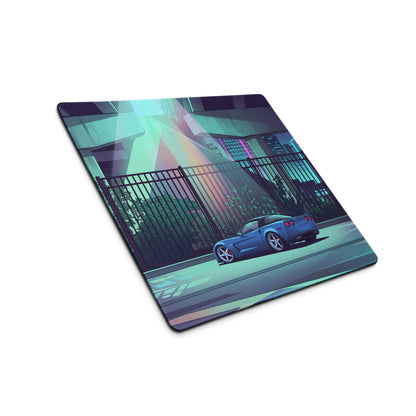 Chevrolet Corvette C6 Z06 Inspired Blue Vaporwave Gaming Mouse Pad – Neon Cyan Urban Overpass Desk Mat with Retro Futuristic City Art