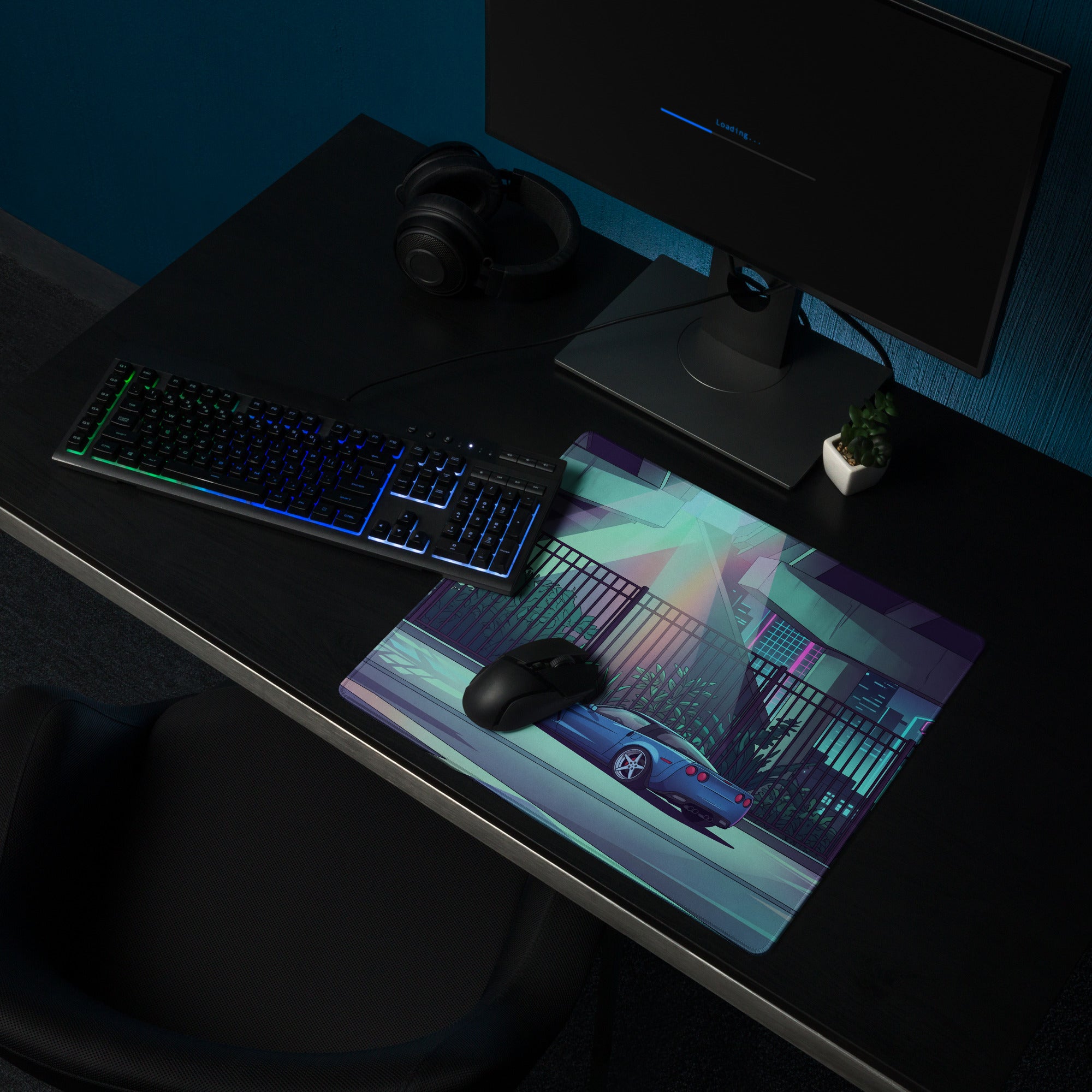 Chevrolet Corvette C6 Z06 Inspired Blue Vaporwave Gaming Mouse Pad – Neon Cyan Urban Overpass Desk Mat with Retro Futuristic City Art