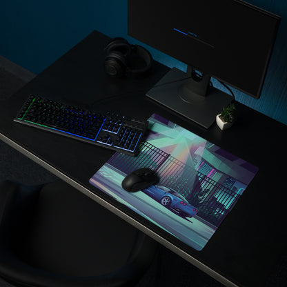 Chevrolet Corvette C6 Z06 Inspired Blue Vaporwave Gaming Mouse Pad – Neon Cyan Urban Overpass Desk Mat with Retro Futuristic City Art