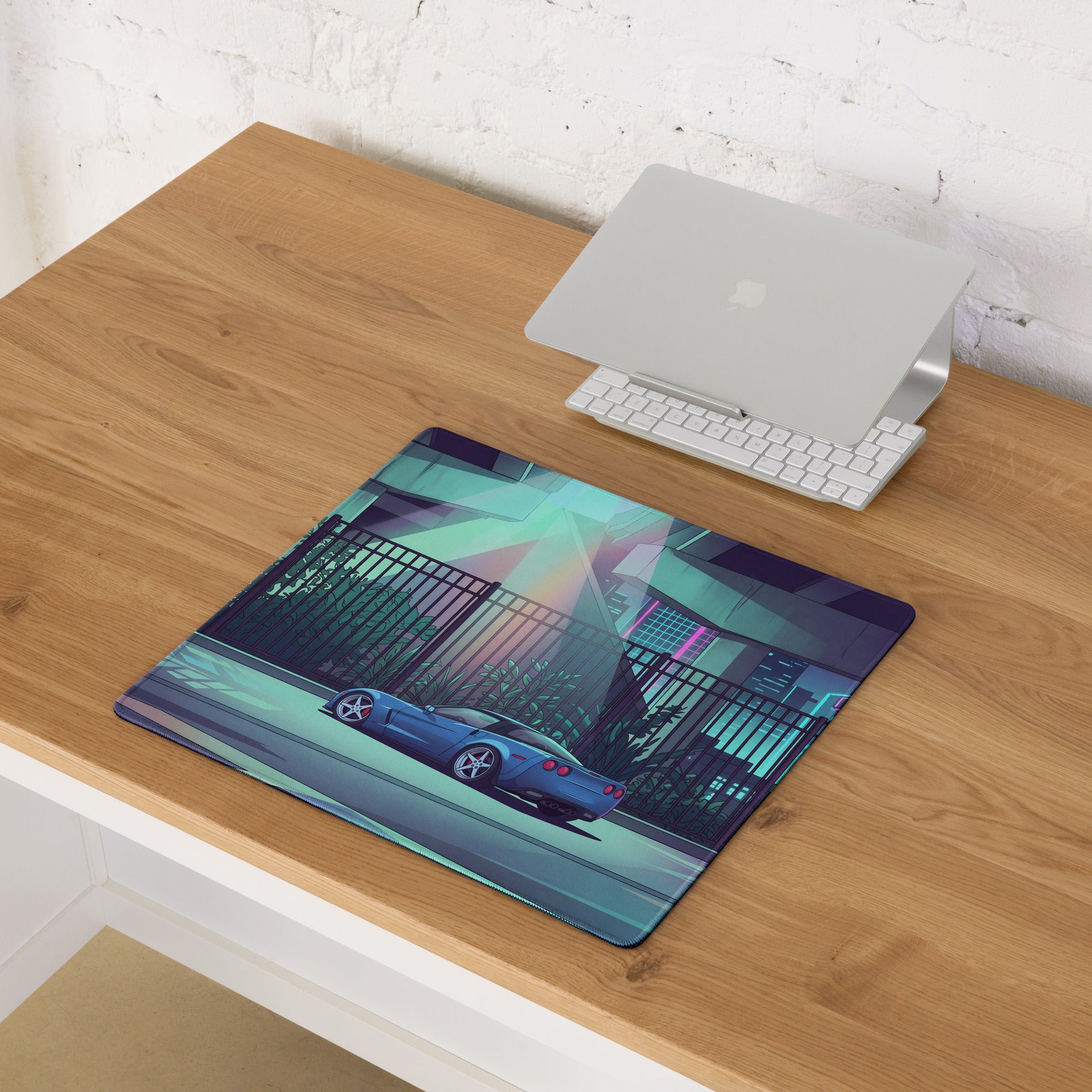 Chevrolet Corvette C6 Z06 Inspired Blue Vaporwave Gaming Mouse Pad – Neon Cyan Urban Overpass Desk Mat with Retro Futuristic City Art