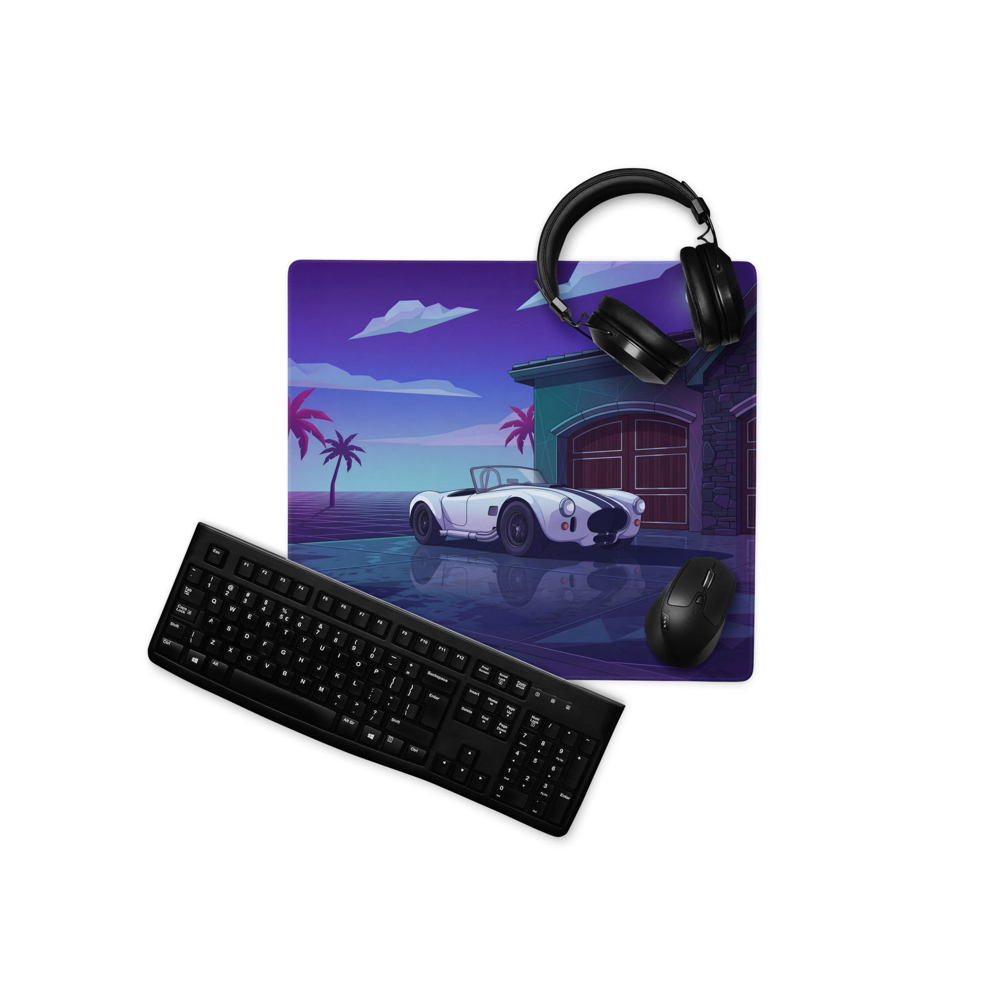 Shelby Cobra 427 Inspired White Vaporwave Gaming Mouse Pad – Purple Neon Coastal Garage Desk Mat with Palm Trees, Moonlight and Retro Futuristic Art