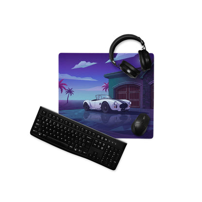Shelby Cobra 427 Inspired White Vaporwave Gaming Mouse Pad – Purple Neon Coastal Garage Desk Mat with Palm Trees, Moonlight and Retro Futuristic Art