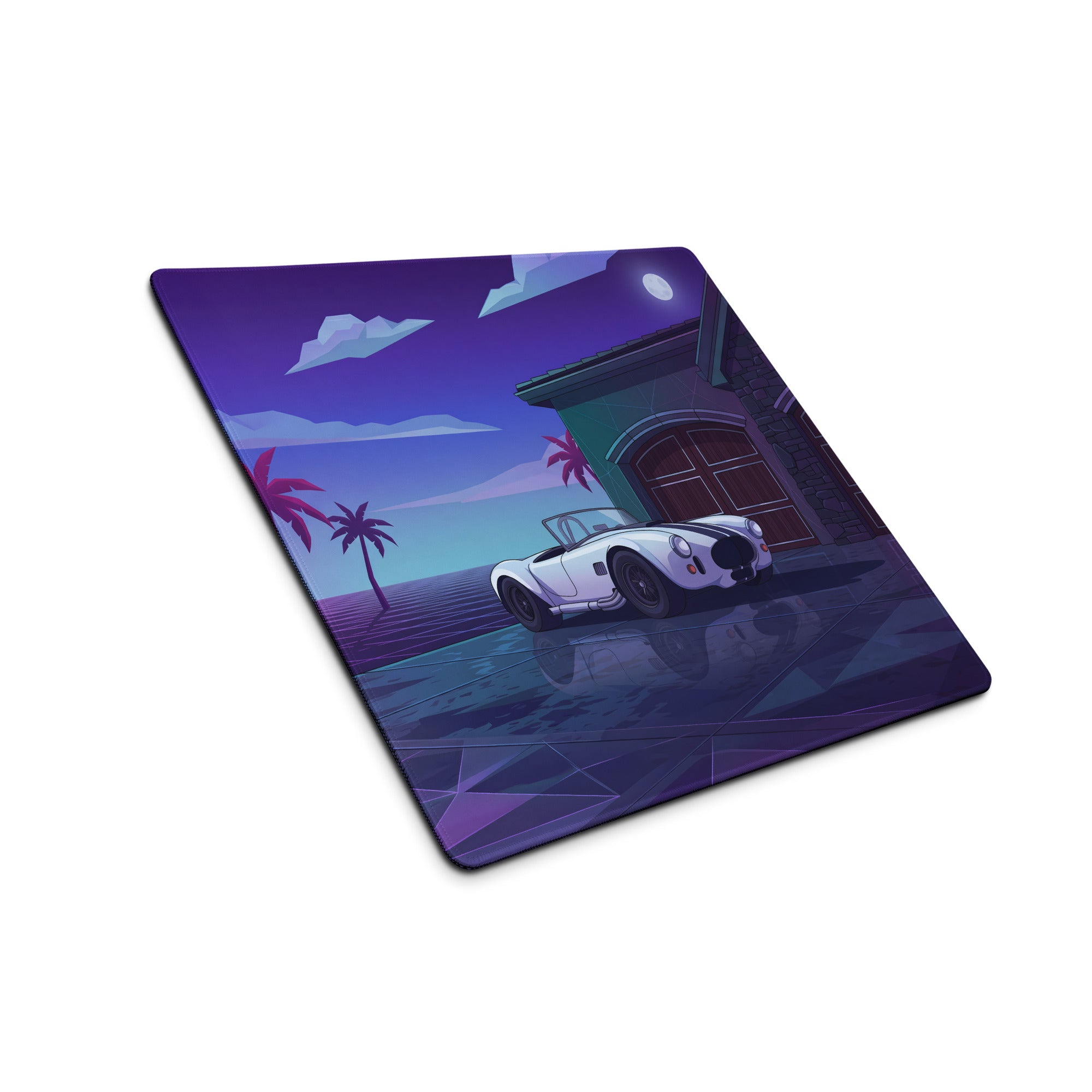 Shelby Cobra 427 Inspired White Vaporwave Gaming Mouse Pad – Purple Neon Coastal Garage Desk Mat with Palm Trees, Moonlight and Retro Futuristic Art