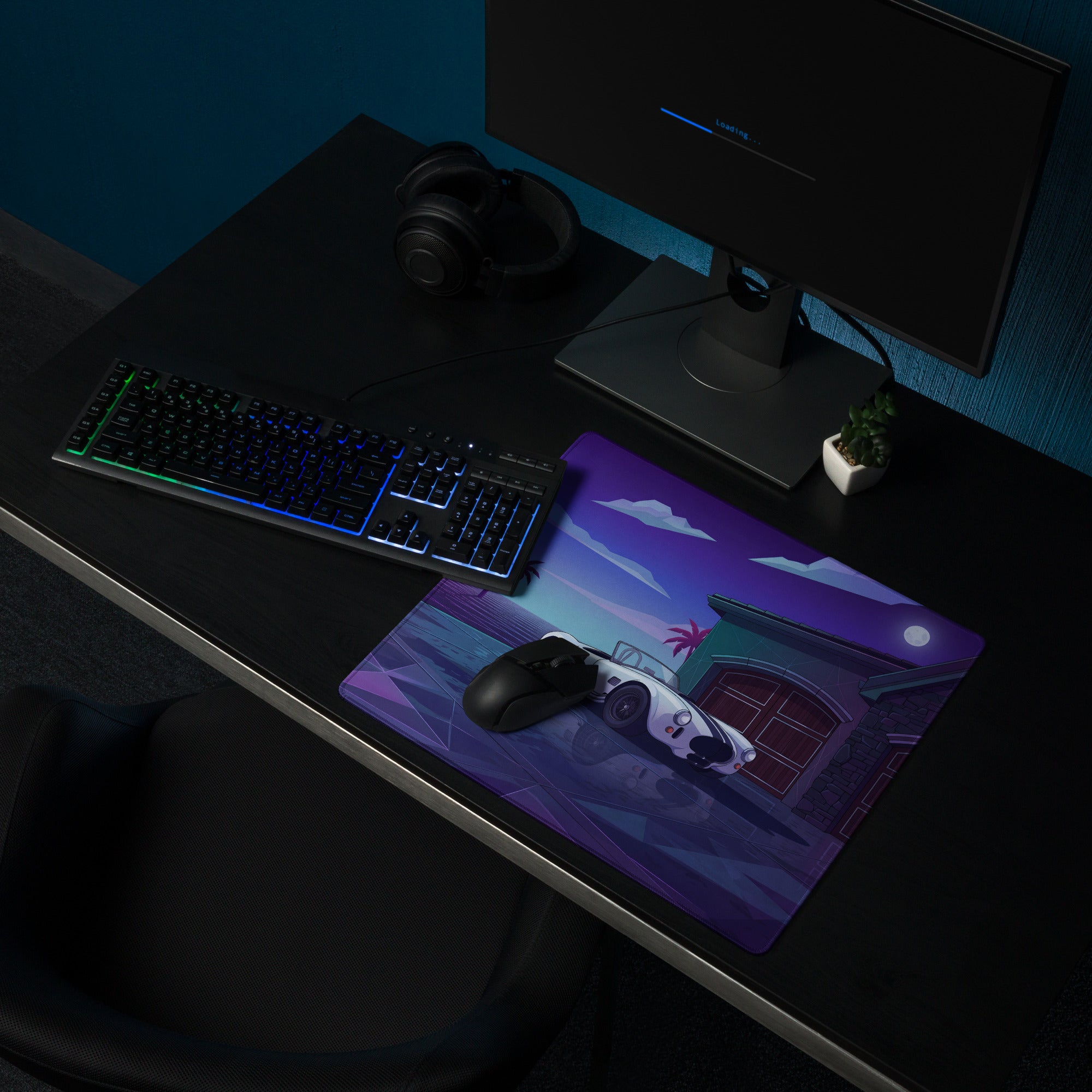 Shelby Cobra 427 Inspired White Vaporwave Gaming Mouse Pad – Purple Neon Coastal Garage Desk Mat with Palm Trees, Moonlight and Retro Futuristic Art