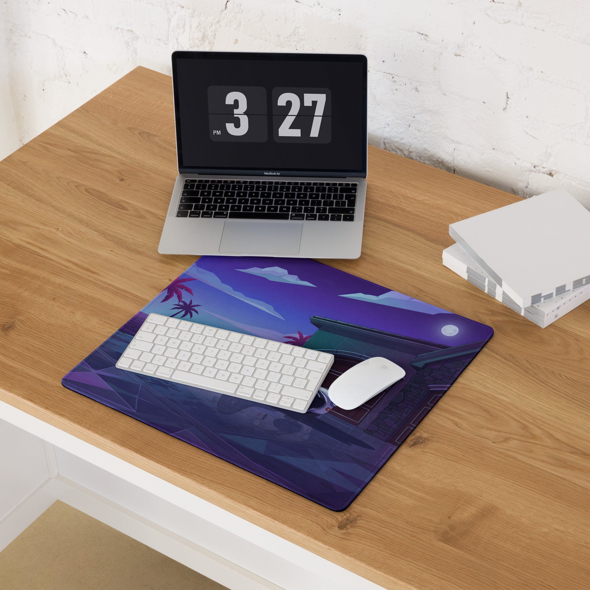 Shelby Cobra 427 Inspired White Vaporwave Gaming Mouse Pad – Purple Neon Coastal Garage Desk Mat with Palm Trees, Moonlight and Retro Futuristic Art