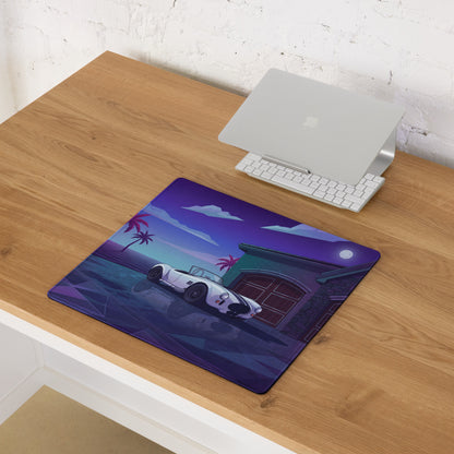 Shelby Cobra 427 Inspired White Vaporwave Gaming Mouse Pad – Purple Neon Coastal Garage Desk Mat with Palm Trees, Moonlight and Retro Futuristic Art