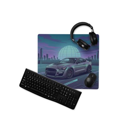 Ford Mustang Shelby GT500 Inspired Gray Vaporwave Gaming Mouse Pad – Teal Purple Futuristic Skyline Desk Mat with Retro Grid Sun and Synthwave Art