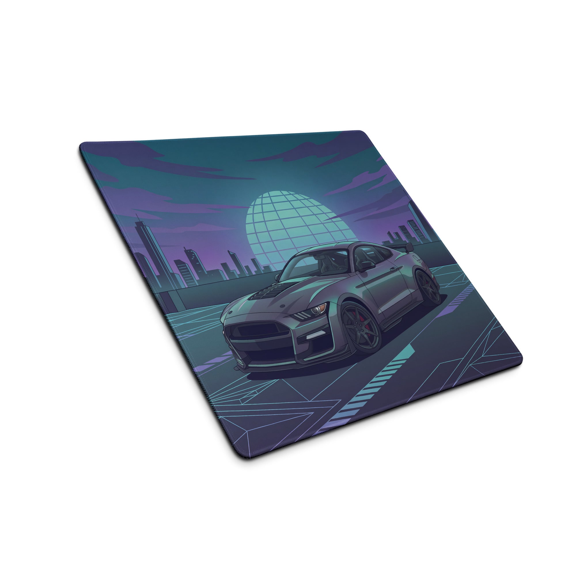 Ford Mustang Shelby GT500 Inspired Gray Vaporwave Gaming Mouse Pad – Teal Purple Futuristic Skyline Desk Mat with Retro Grid Sun and Synthwave Art