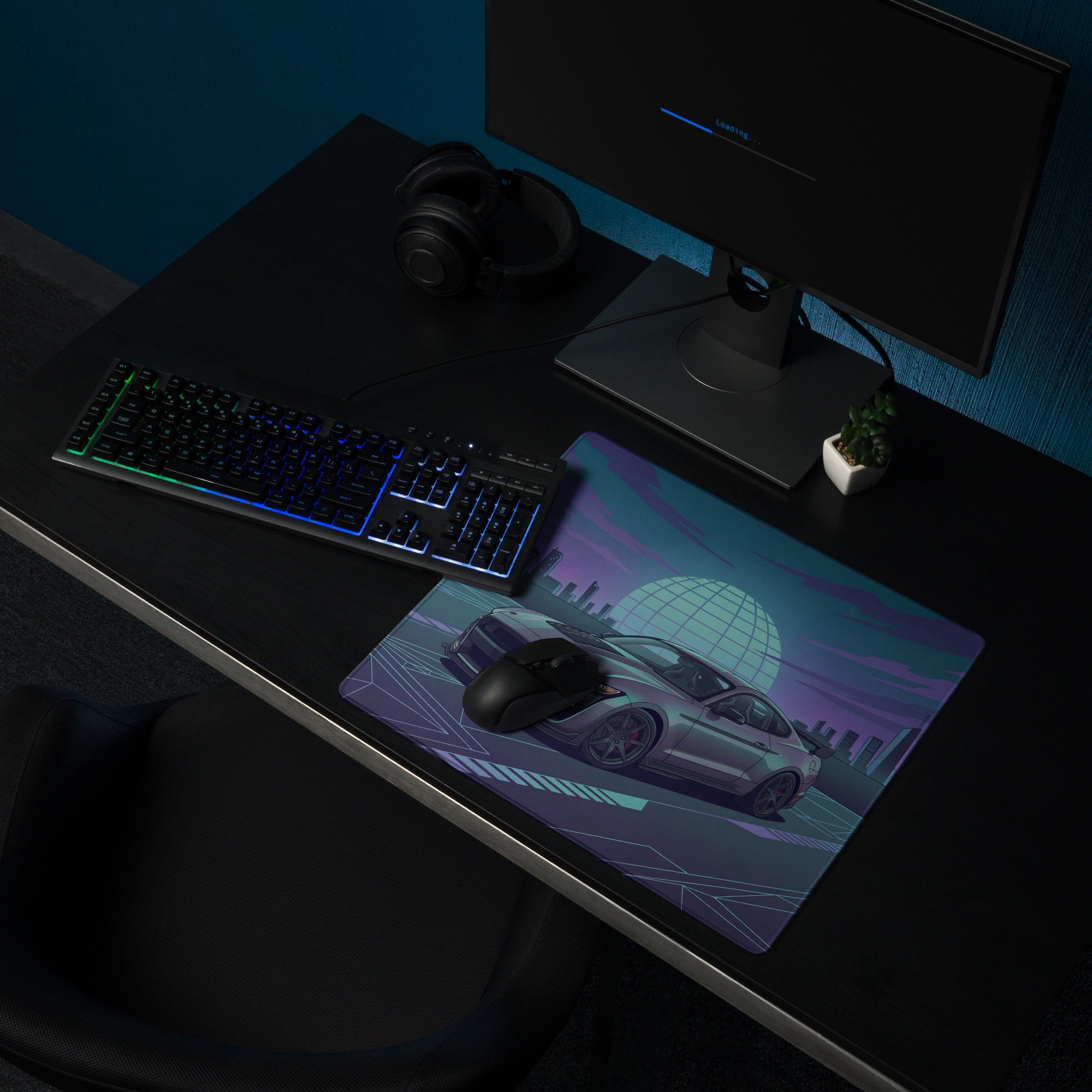 Ford Mustang Shelby GT500 Inspired Gray Vaporwave Gaming Mouse Pad – Teal Purple Futuristic Skyline Desk Mat with Retro Grid Sun and Synthwave Art