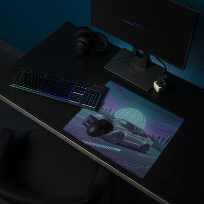 Ford Mustang Shelby GT500 Inspired Gray Vaporwave Gaming Mouse Pad – Teal Purple Futuristic Skyline Desk Mat with Retro Grid Sun and Synthwave Art