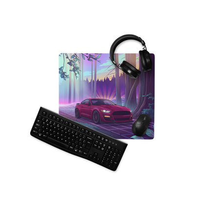 Ford Mustang GT Inspired Red Vaporwave Gaming Mouse Pad – Purple Neon Redwood Forest Desk Mat with Retro Grid Road and Dreamy Synthwave Art