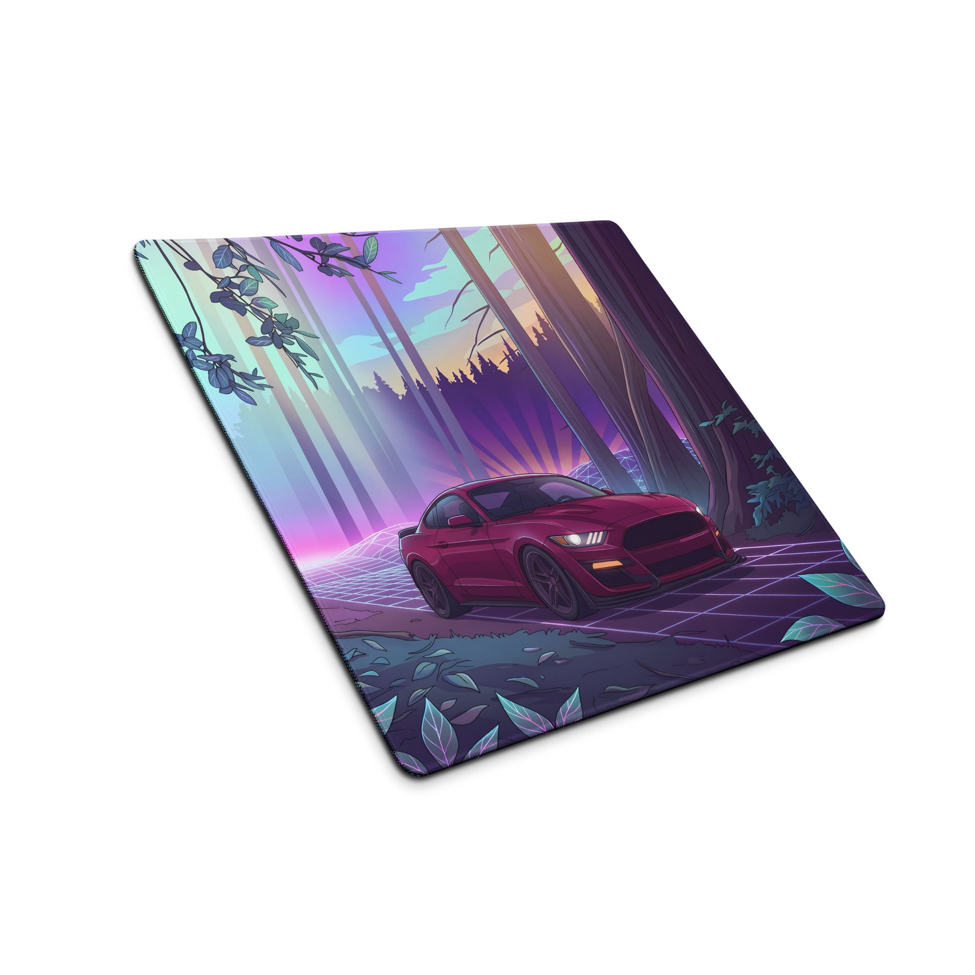 Ford Mustang GT Inspired Red Vaporwave Gaming Mouse Pad – Purple Neon Redwood Forest Desk Mat with Retro Grid Road and Dreamy Synthwave Art