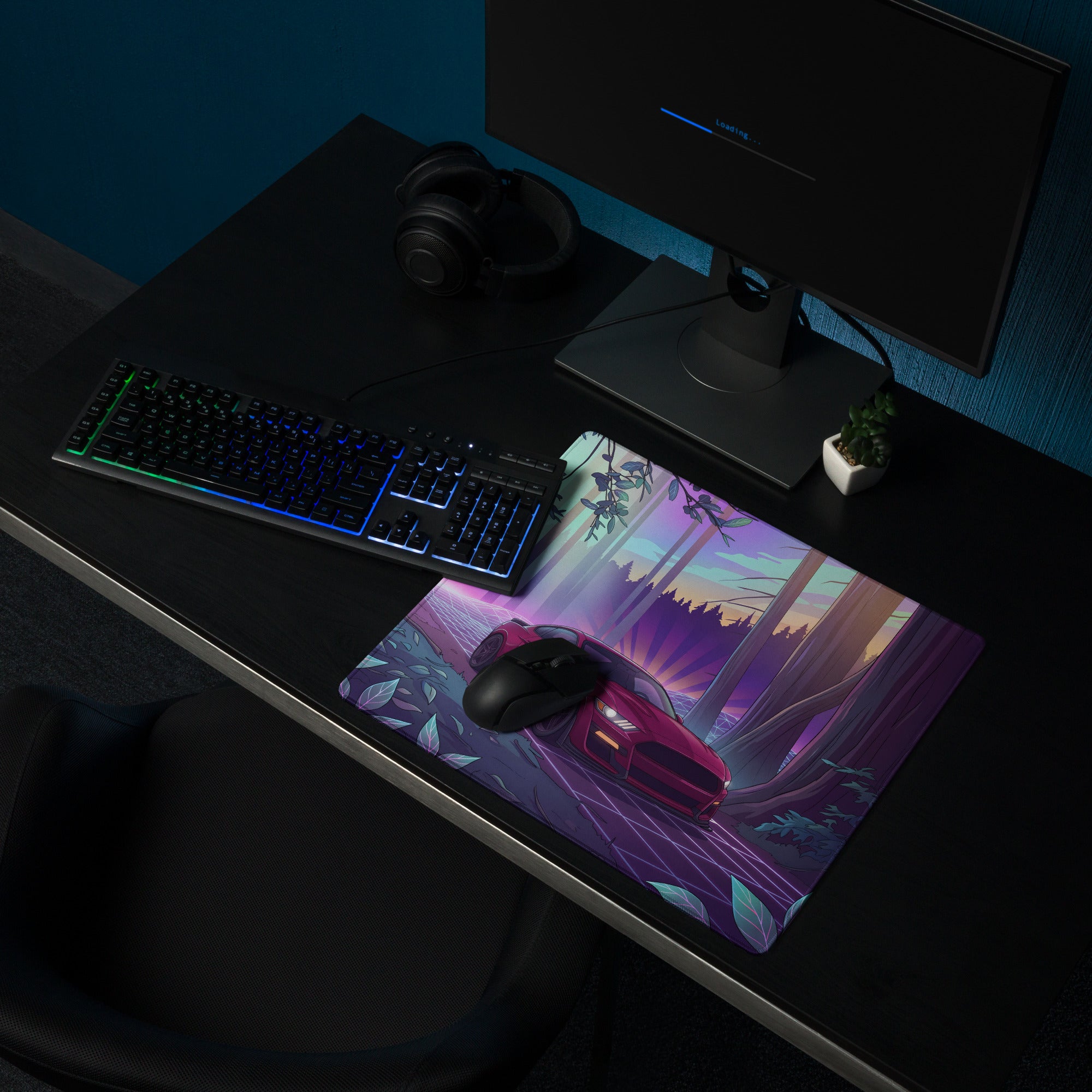Ford Mustang GT Inspired Red Vaporwave Gaming Mouse Pad – Purple Neon Redwood Forest Desk Mat with Retro Grid Road and Dreamy Synthwave Art