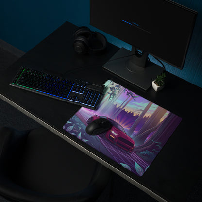 Ford Mustang GT Inspired Red Vaporwave Gaming Mouse Pad – Purple Neon Redwood Forest Desk Mat with Retro Grid Road and Dreamy Synthwave Art