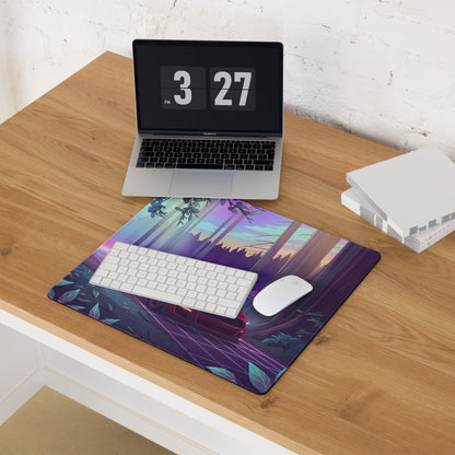 Ford Mustang GT Inspired Red Vaporwave Gaming Mouse Pad – Purple Neon Redwood Forest Desk Mat with Retro Grid Road and Dreamy Synthwave Art