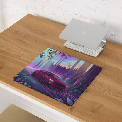 Ford Mustang GT Inspired Red Vaporwave Gaming Mouse Pad – Purple Neon Redwood Forest Desk Mat with Retro Grid Road and Dreamy Synthwave Art