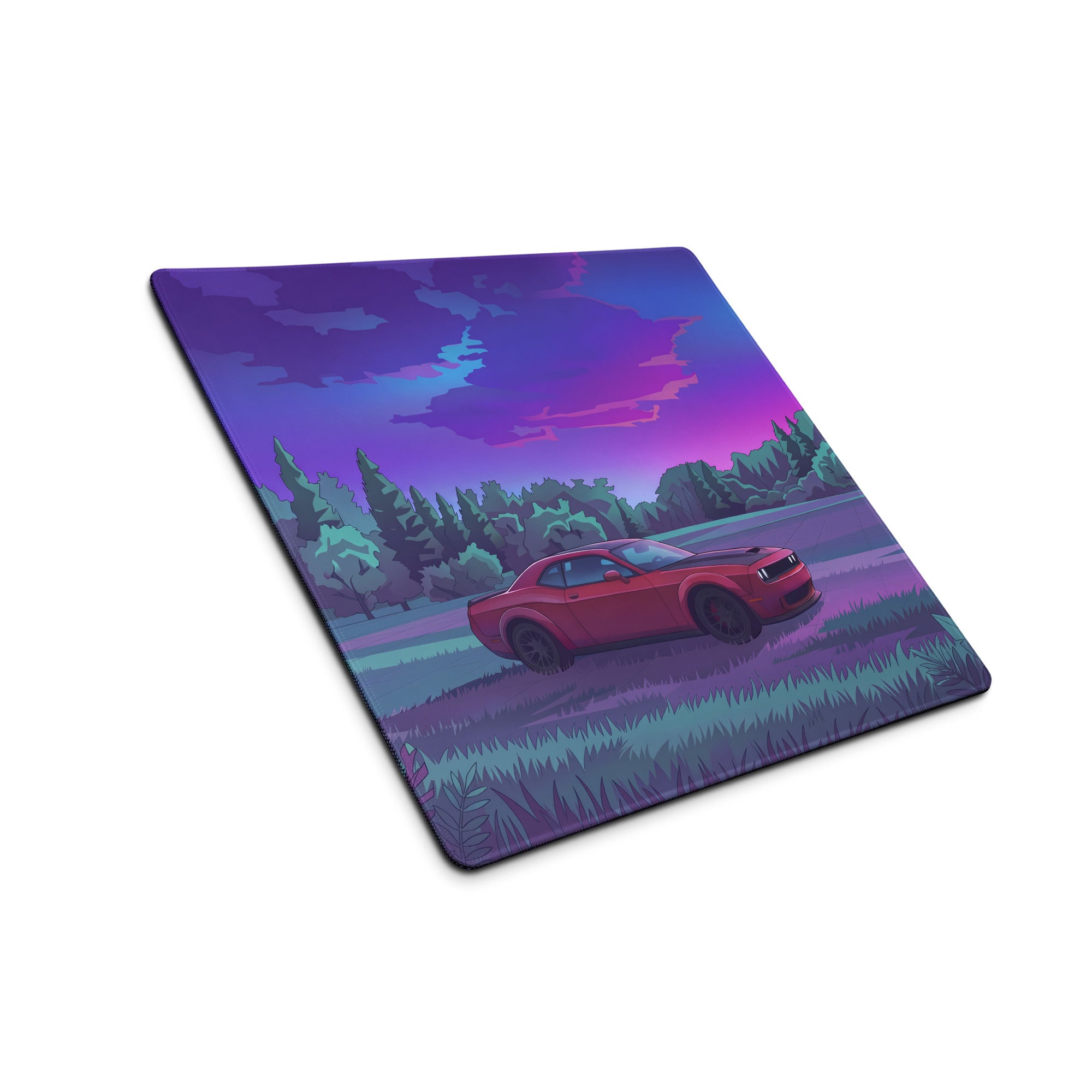 Dodge Challenger SRT Hellcat Widebody Inspired Red Vaporwave Gaming Mouse Pad – Purple Forest Landscape Desk Mat with Retro Futuristic Sunset Art