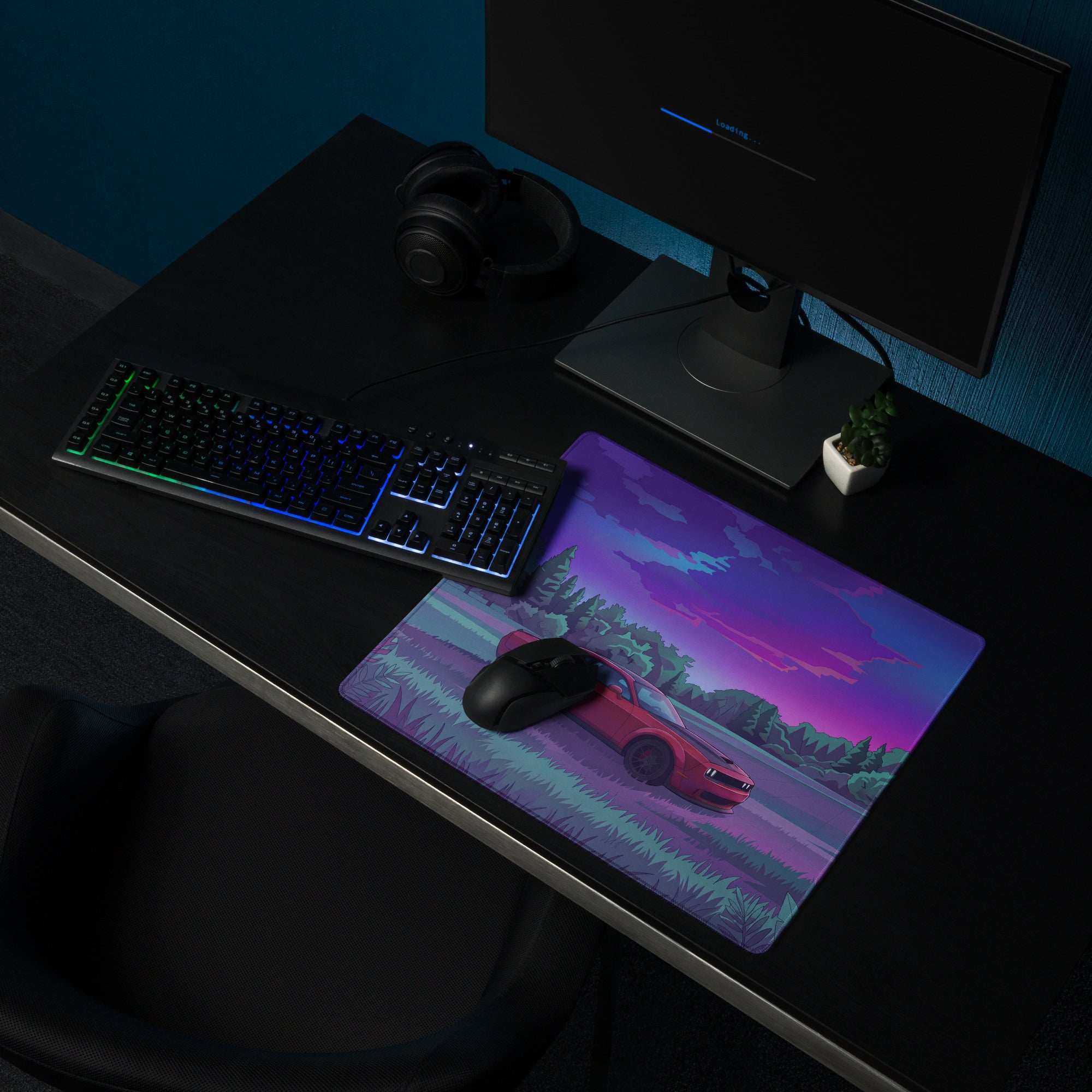 Dodge Challenger SRT Hellcat Widebody Inspired Red Vaporwave Gaming Mouse Pad – Purple Forest Landscape Desk Mat with Retro Futuristic Sunset Art