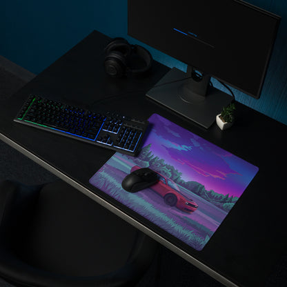 Dodge Challenger SRT Hellcat Widebody Inspired Red Vaporwave Gaming Mouse Pad – Purple Forest Landscape Desk Mat with Retro Futuristic Sunset Art