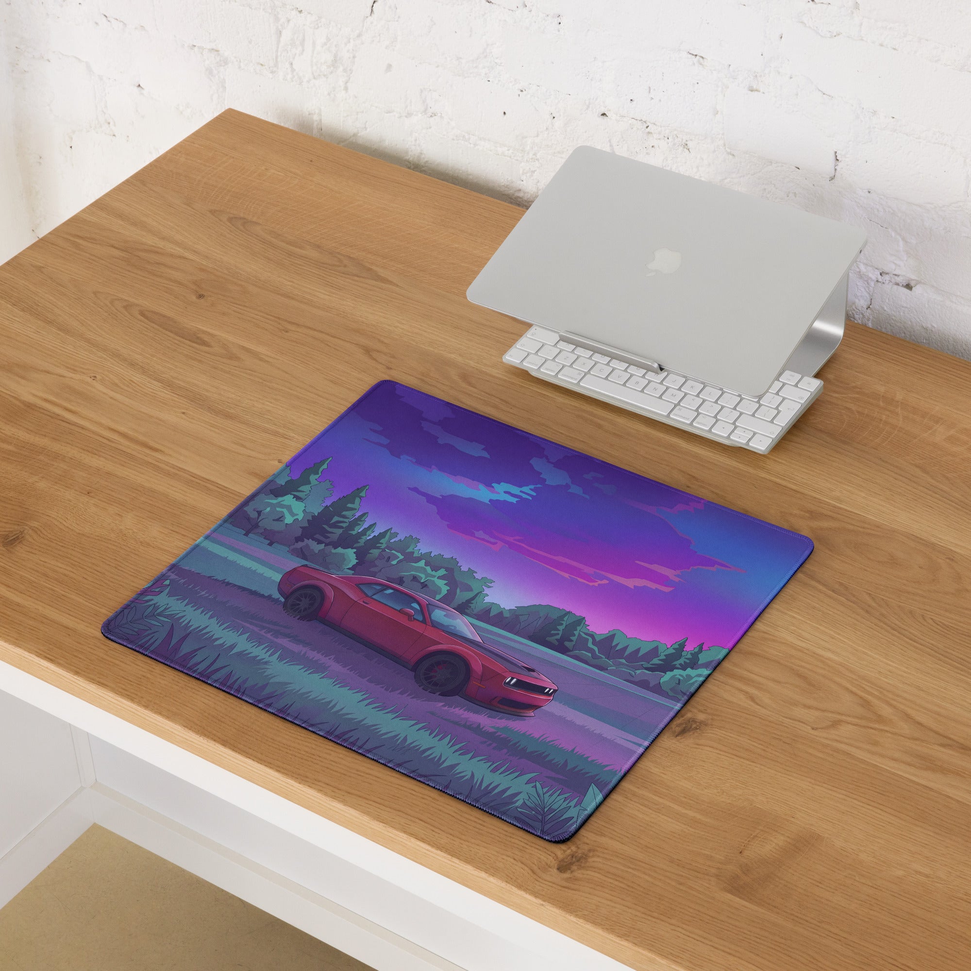 Dodge Challenger SRT Hellcat Widebody Inspired Red Vaporwave Gaming Mouse Pad – Purple Forest Landscape Desk Mat with Retro Futuristic Sunset Art