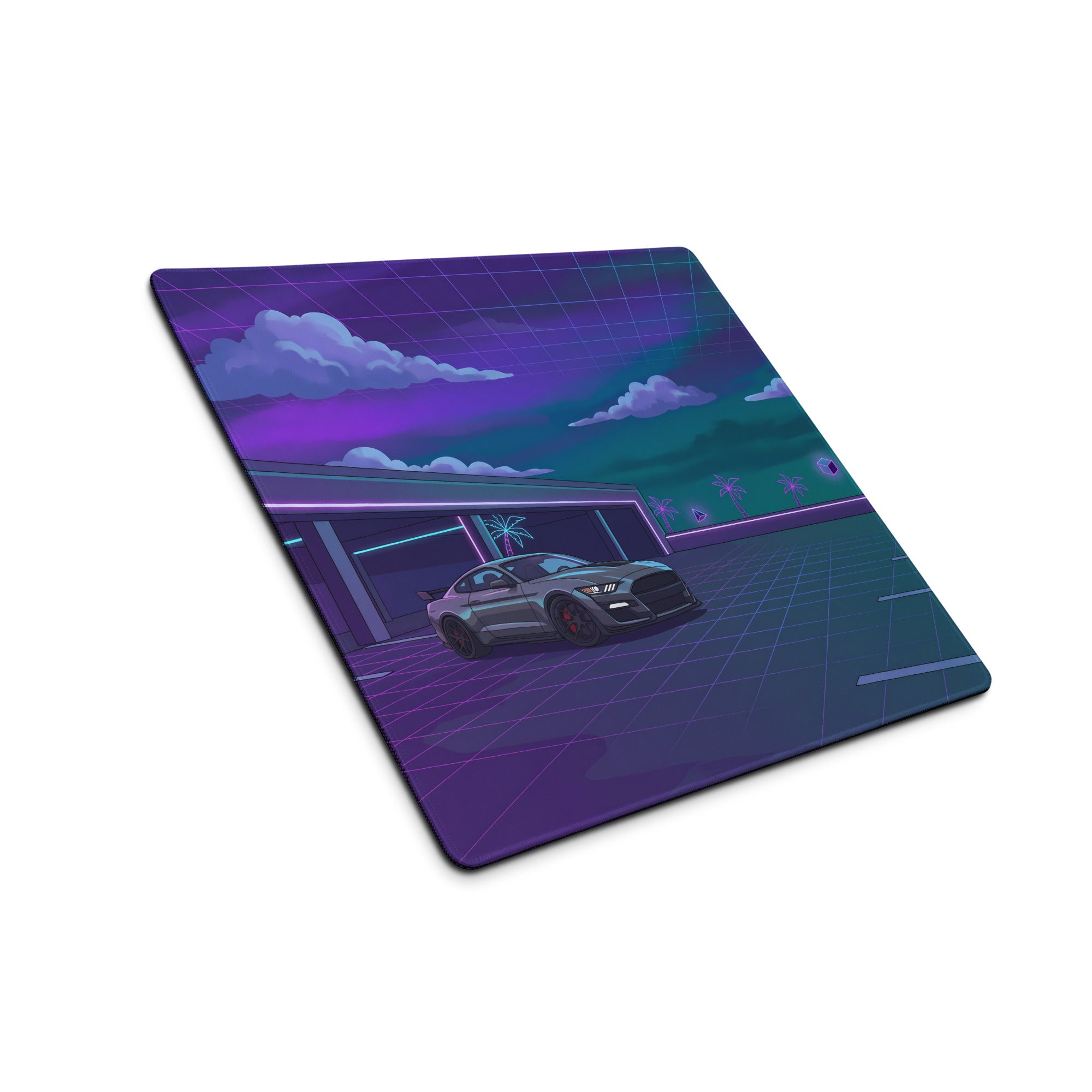 Ford Mustang Shelby GT500 Inspired Gray Vaporwave Gaming Mouse Pad – Neon Purple Cyan Parking Garage Desk Mat with Retro Grid Palm Trees and Futuristic Art