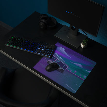 Ford Mustang Shelby GT500 Inspired Gray Vaporwave Gaming Mouse Pad – Neon Purple Cyan Parking Garage Desk Mat with Retro Grid Palm Trees and Futuristic Art