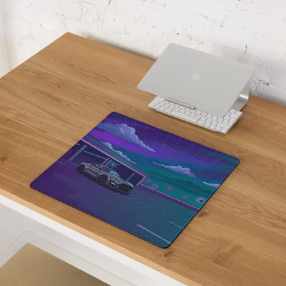 Ford Mustang Shelby GT500 Inspired Gray Vaporwave Gaming Mouse Pad – Neon Purple Cyan Parking Garage Desk Mat with Retro Grid Palm Trees and Futuristic Art