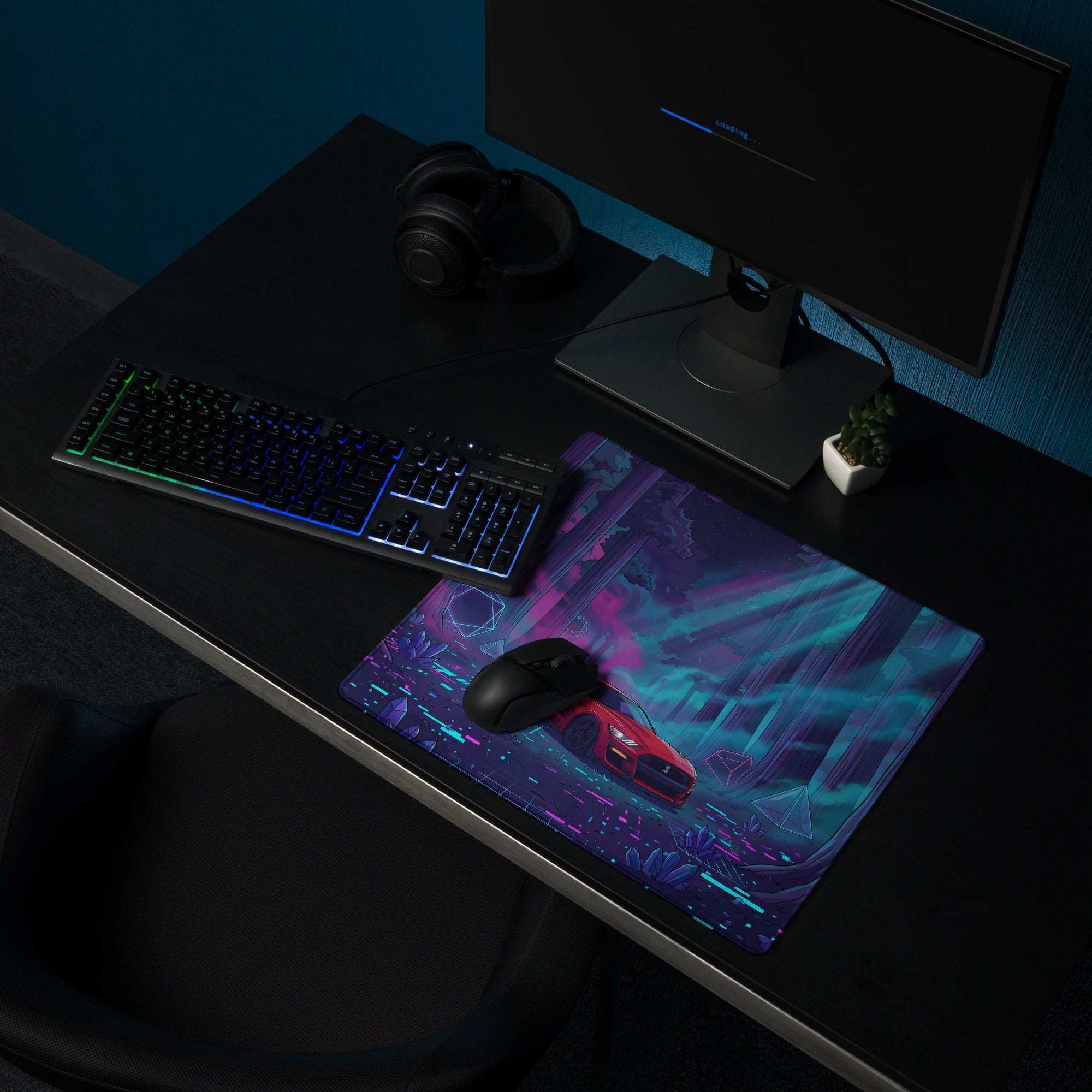 Ford Mustang Shelby GT500 Inspired Red Vaporwave Gaming Mouse Pad – Neon Cyan Purple Redwood Forest Desk Mat with Crystals and Futuristic Art