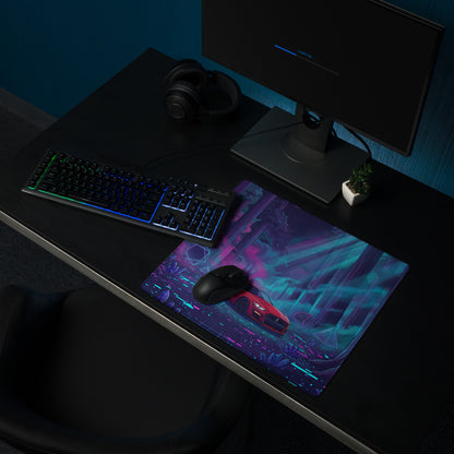 Ford Mustang Shelby GT500 Inspired Red Vaporwave Gaming Mouse Pad – Neon Cyan Purple Redwood Forest Desk Mat with Crystals and Futuristic Art