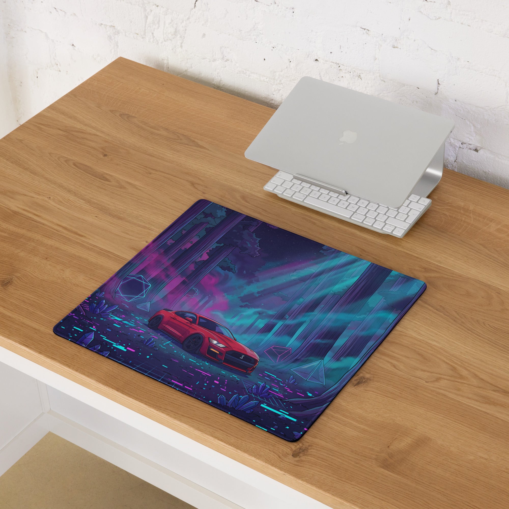 Ford Mustang Shelby GT500 Inspired Red Vaporwave Gaming Mouse Pad – Neon Cyan Purple Redwood Forest Desk Mat with Crystals and Futuristic Art
