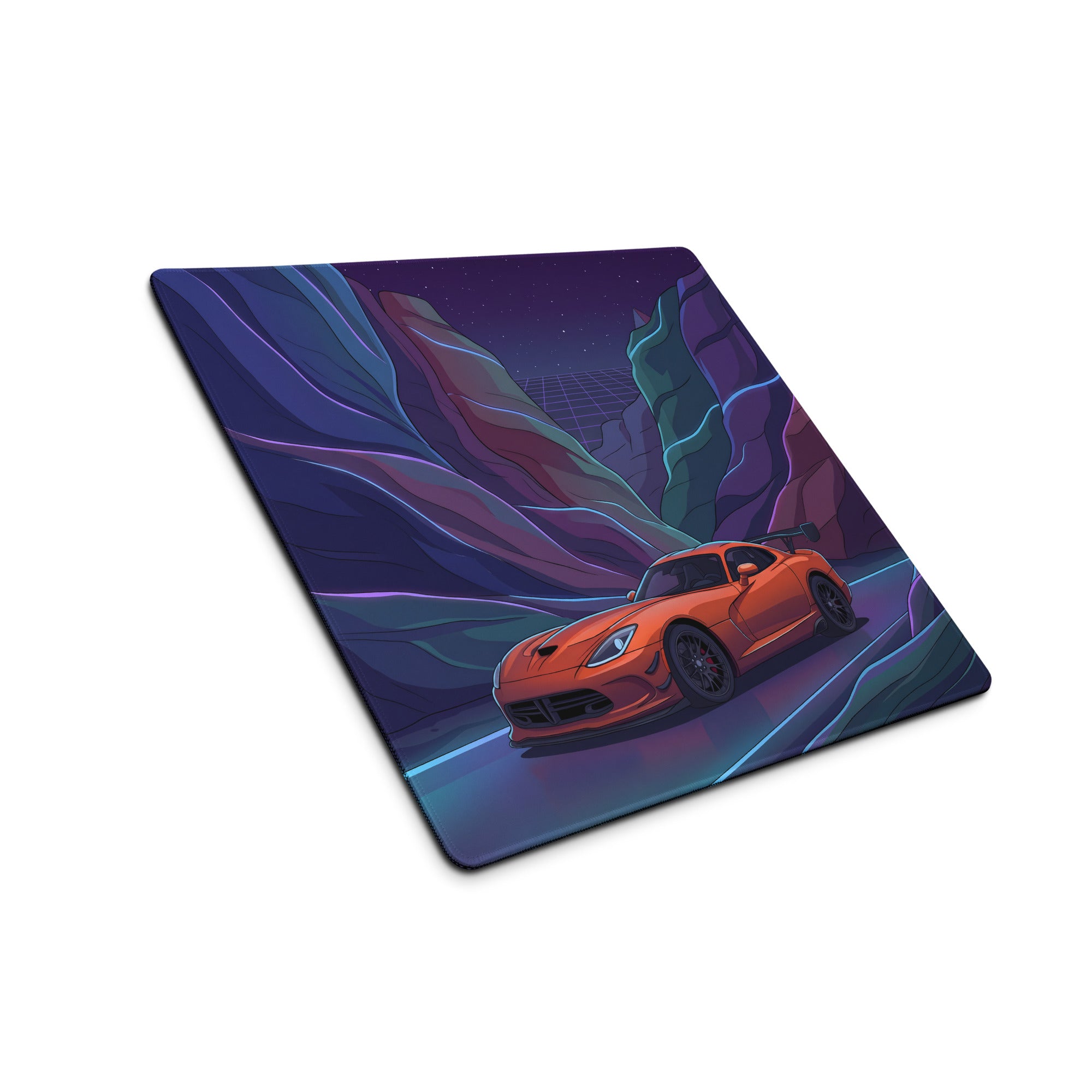 Dodge Viper SRT ACR Inspired Orange Vaporwave Gaming Mouse Pad – Neon Purple Canyon Road Desk Mat with Retro Grid Sky and Futuristic Night Art