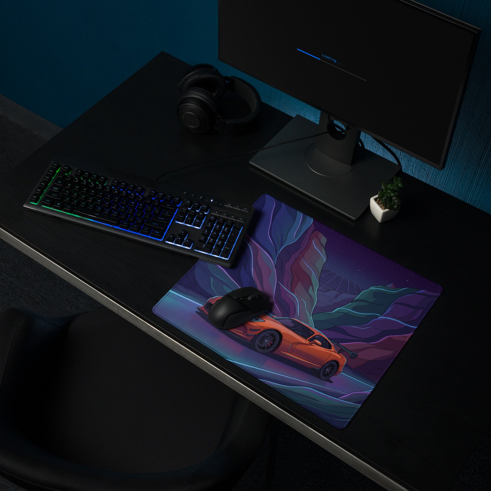 Dodge Viper SRT ACR Inspired Orange Vaporwave Gaming Mouse Pad – Neon Purple Canyon Road Desk Mat with Retro Grid Sky and Futuristic Night Art