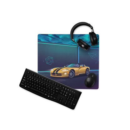 Dodge Viper SRT-10 Inspired Yellow Vaporwave Gaming Mouse Pad – Neon Cyan Night Garage Desk Mat with Black Racing Stripes and Futuristic Geometric Art
