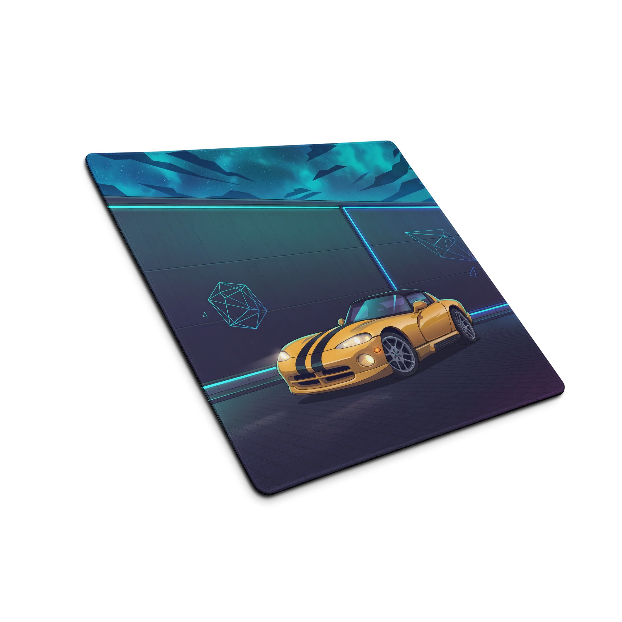Dodge Viper SRT-10 Inspired Yellow Vaporwave Gaming Mouse Pad – Neon Cyan Night Garage Desk Mat with Black Racing Stripes and Futuristic Geometric Art