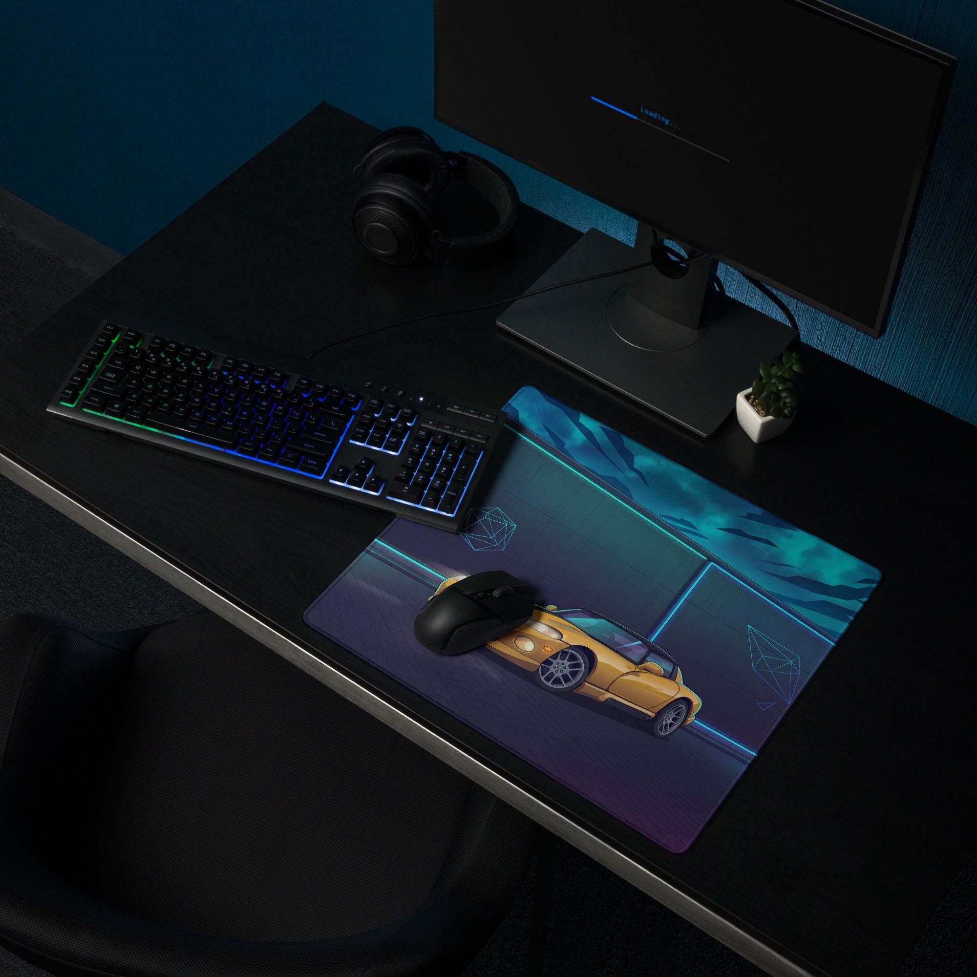Dodge Viper SRT-10 Inspired Yellow Vaporwave Gaming Mouse Pad – Neon Cyan Night Garage Desk Mat with Black Racing Stripes and Futuristic Geometric Art