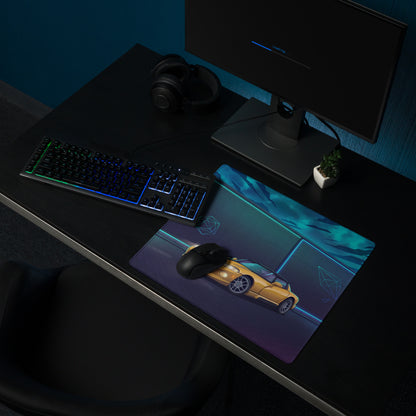 Dodge Viper SRT-10 Inspired Yellow Vaporwave Gaming Mouse Pad – Neon Cyan Night Garage Desk Mat with Black Racing Stripes and Futuristic Geometric Art
