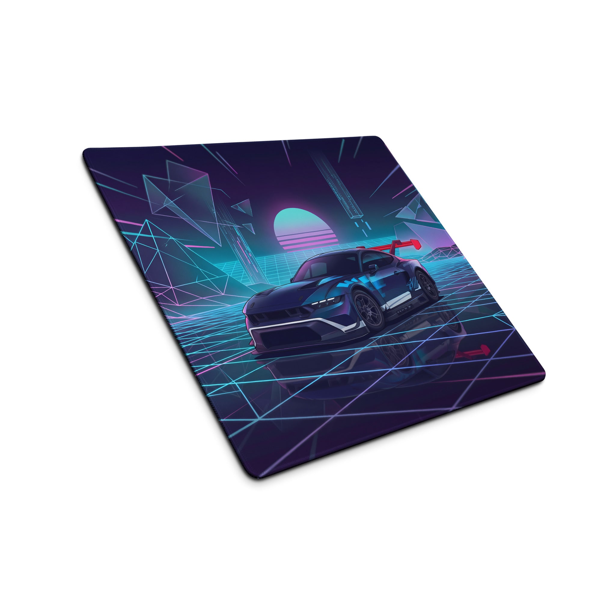 Ford Mustang GTD Inspired Blue Vaporwave Gaming Mouse Pad – Neon Cyan Pink Cyber Grid Desk Mat with Retro Futuristic Geometric Landscape Art