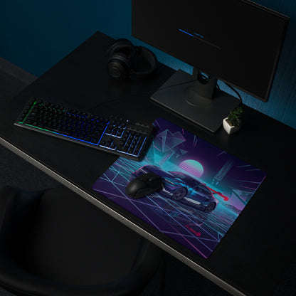 Ford Mustang GTD Inspired Blue Vaporwave Gaming Mouse Pad – Neon Cyan Pink Cyber Grid Desk Mat with Retro Futuristic Geometric Landscape Art