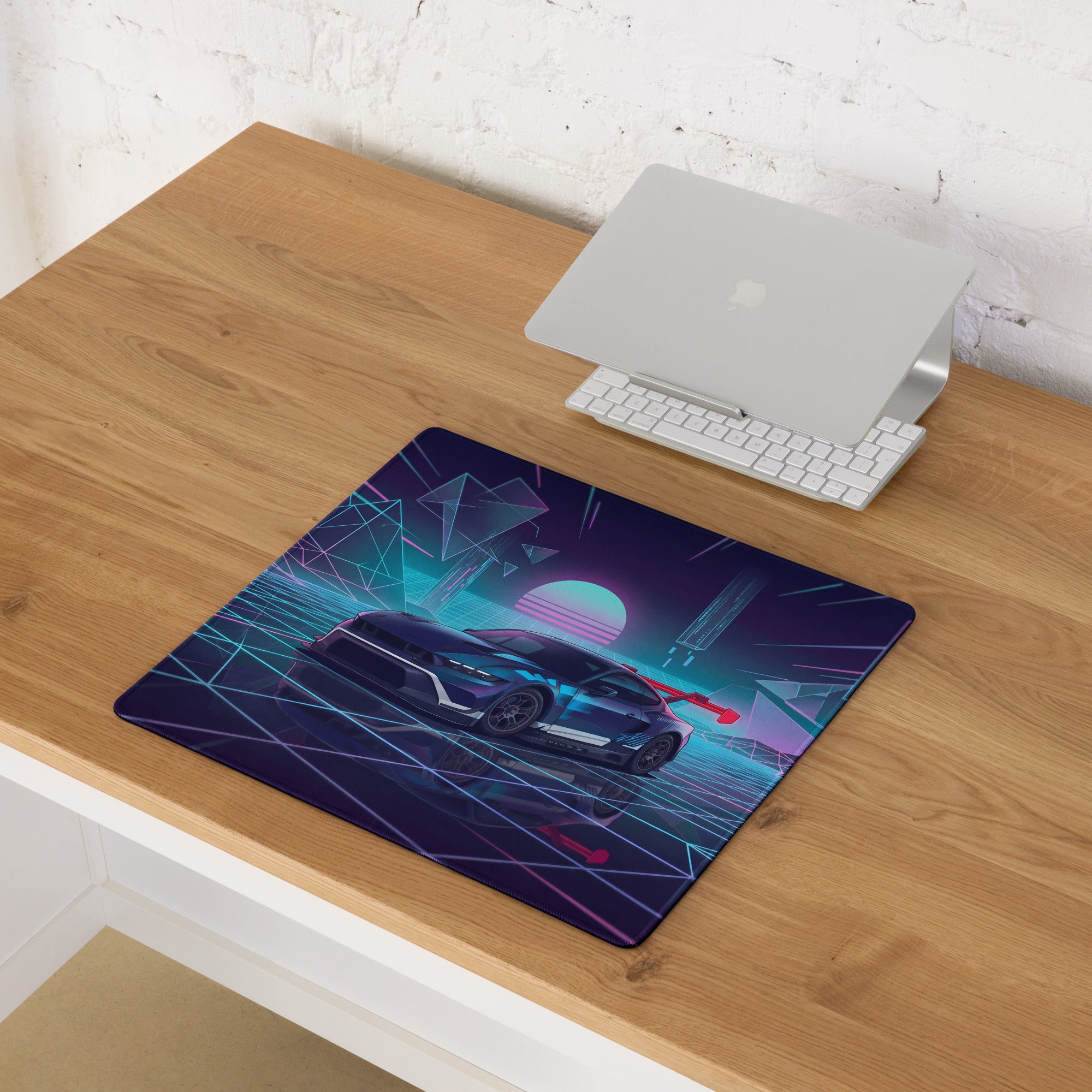 Ford Mustang GTD Inspired Blue Vaporwave Gaming Mouse Pad – Neon Cyan Pink Cyber Grid Desk Mat with Retro Futuristic Geometric Landscape Art