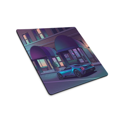 Ford GT Inspired Blue Vaporwave Gaming Mouse Pad – Neon Purple City Street Desk Mat with Retro Futuristic Palm Trees and Cyber Grid Art
