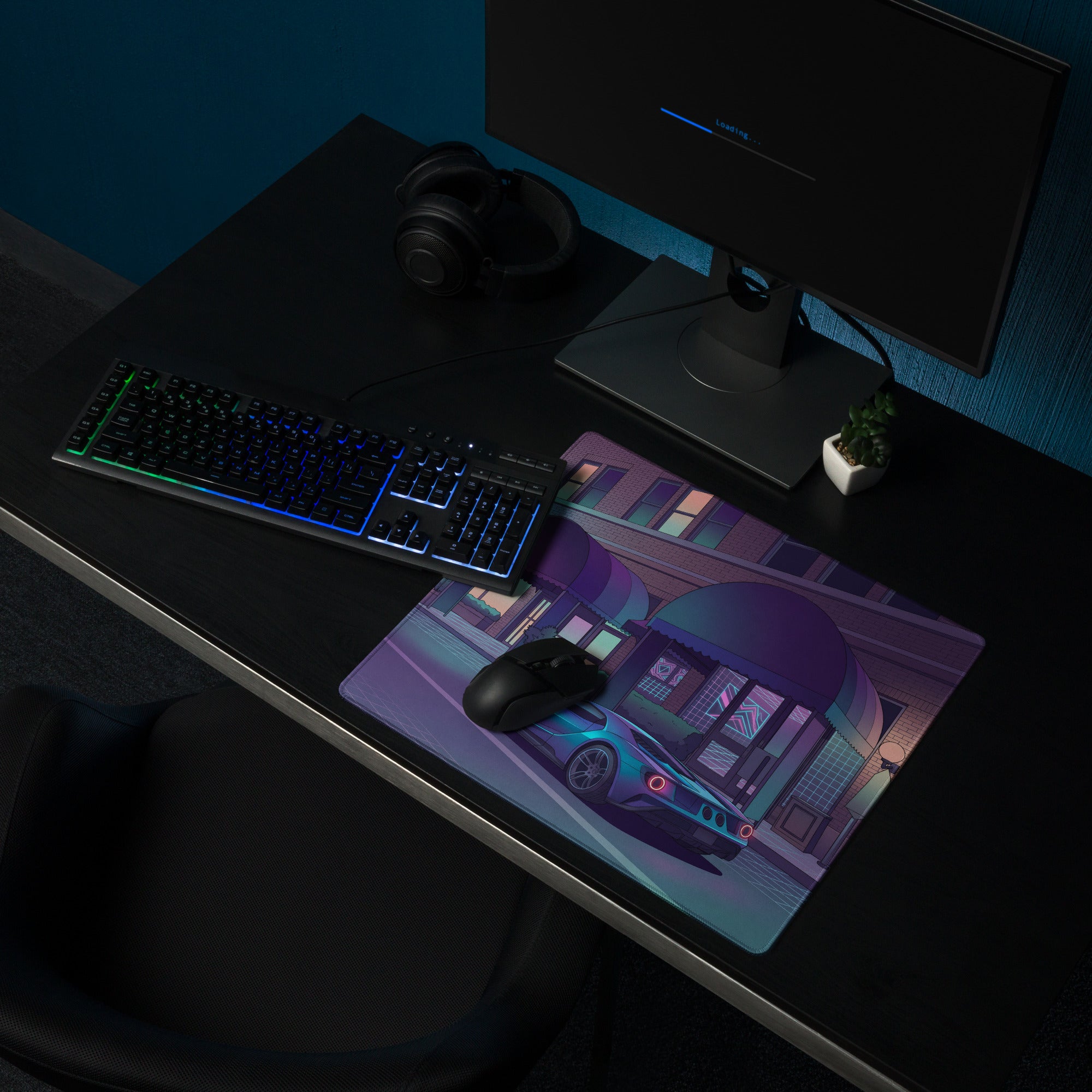 Ford GT Inspired Blue Vaporwave Gaming Mouse Pad – Neon Purple City Street Desk Mat with Retro Futuristic Palm Trees and Cyber Grid Art