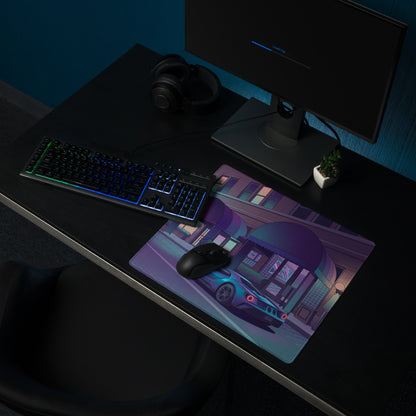 Ford GT Inspired Blue Vaporwave Gaming Mouse Pad – Neon Purple City Street Desk Mat with Retro Futuristic Palm Trees and Cyber Grid Art